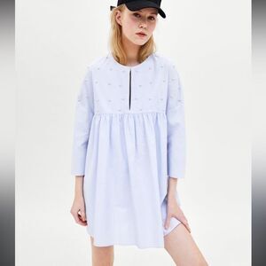 Zara trf 3/4 Dress/jumpsuit with Pearl Bead & Gathered Details - Sky Blue size M